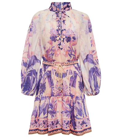 Shop Zimmermann Lyre Billow Printed Ramie Minidress In Purple Palm