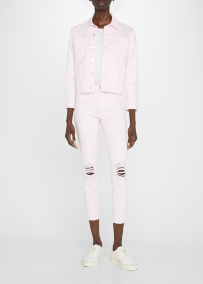 Shop L Agence Janelle Slim Cropped Jean Jacket With Raw Hem In Soft Pink