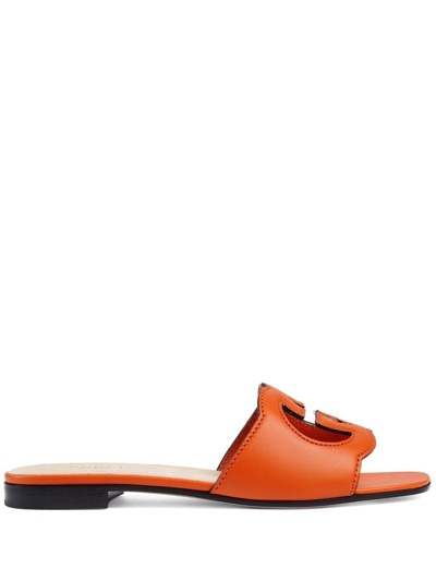 Shop Gucci Logo-cut Out Leather Sandals In Orange