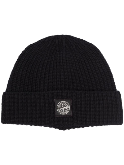 Shop Stone Island Logo-patch Ribbed-knit Beanie In Black