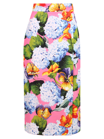 Shop Dolce & Gabbana Hydrangea Floral Pattern Rayon Midi Skirt In Multicolor