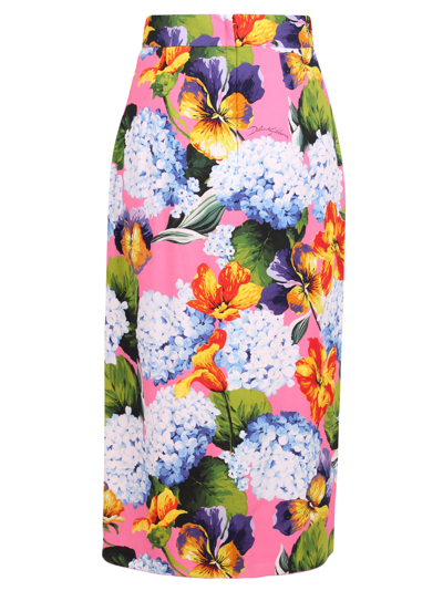Shop Dolce & Gabbana Hydrangea Floral Pattern Rayon Midi Skirt In Multicolor