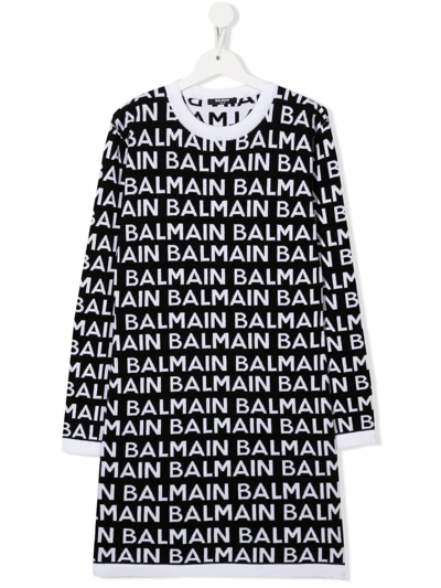 Shop Balmain Kids Black Short Dress With White All-over Logo In Nero/bianco