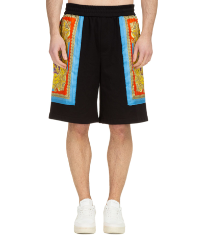 Shop Versace Barocco Goddes Cotton Shorts In Black - Multicolor