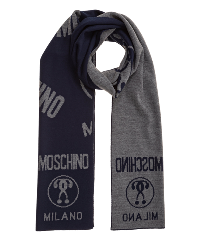 Shop Moschino Double Question Mark Wool Wool Scarf In Blue