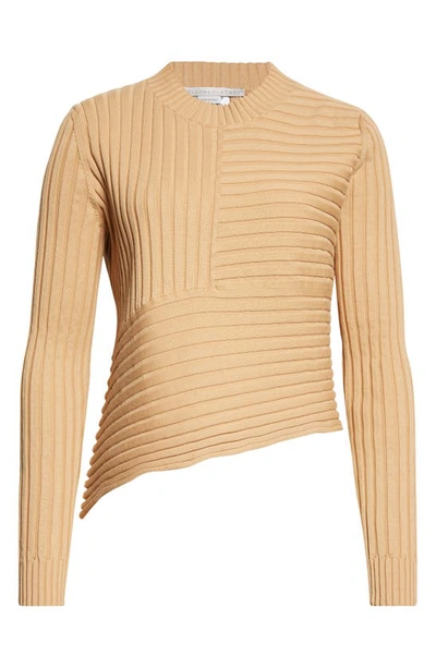 Shop Stella Mccartney Ribbed Asymmetric Hem Cotton Sweater In 9801 Light Camel