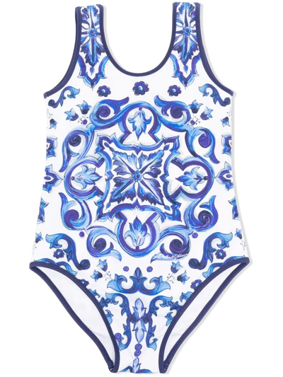 Dolce & Gabbana Girl's Mediterraneo Majolica One-piece Swimsuit In Blue