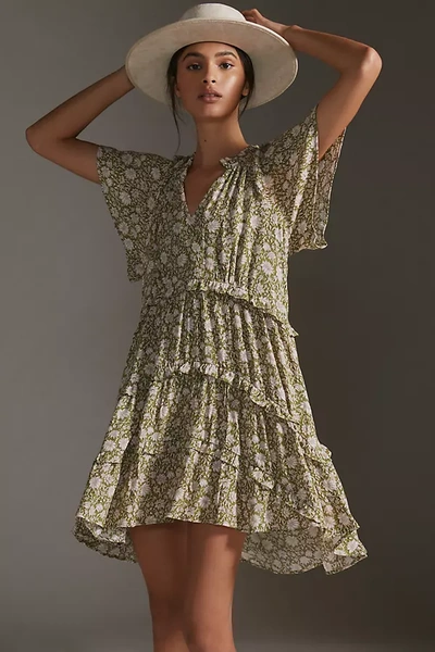 Shop Anthropologie By  Robin Tiered Mini Dress In Green