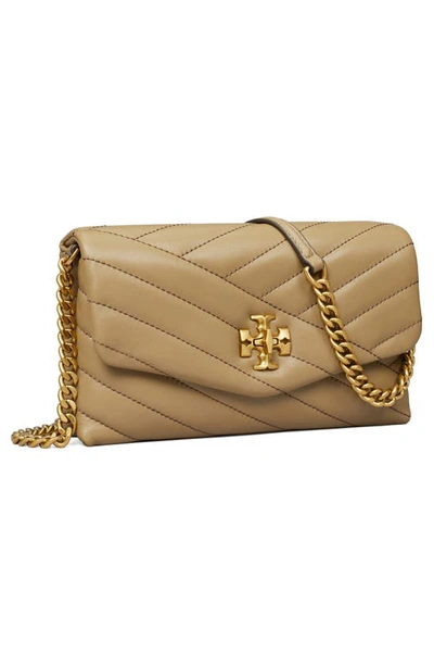 Shop Tory Burch Kira Chevron Quilted Leather Wallet On A Chain In Pebblestone