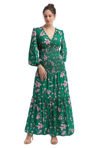 Kimi And Kai Caroline Bloused Sleeve Smocked Maternity Maxi Dress In Multicolored