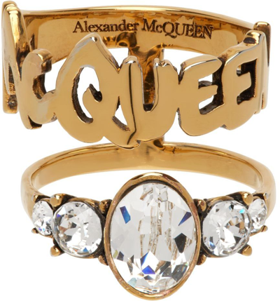 Shop Alexander Mcqueen Gold Graffiti Stacked Ring In 7114 0448+crystal