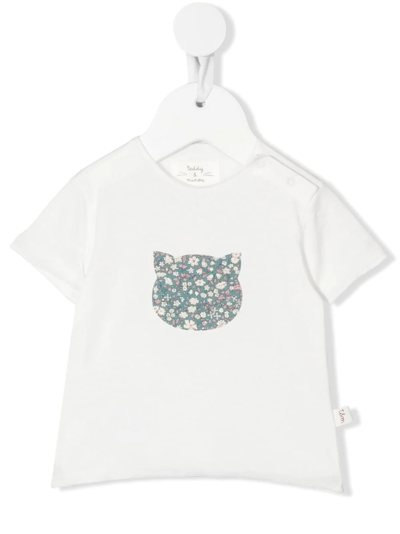 Shop Teddy & Minou Floral-print Cat-pattern T-shirt In White