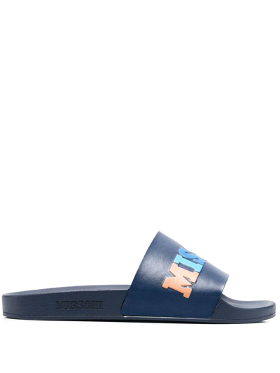 Shop Missoni Logo-print Open-toe Slides In Blue