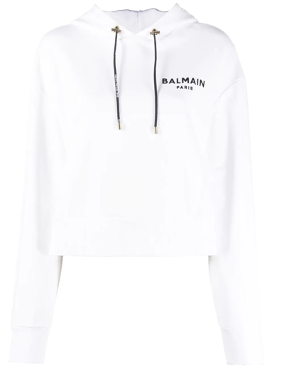 Shop Balmain Logo-print Cropped Hoodie In White