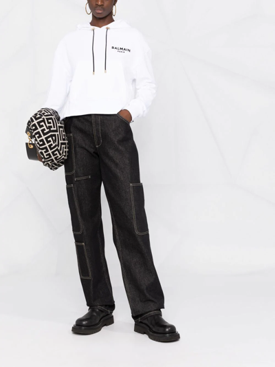 Balmain Cropped Flocked Organic Cotton-jersey Hoodie In White