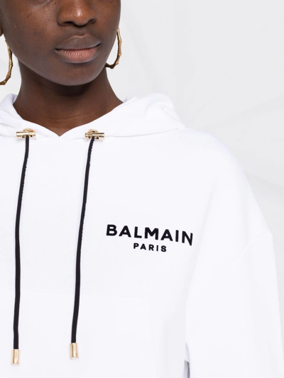 Balmain Cropped Flocked Organic Cotton-jersey Hoodie In White
