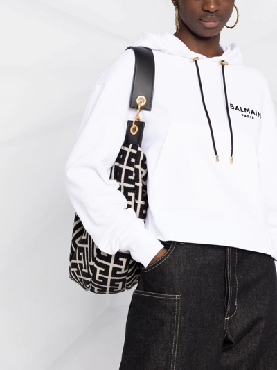 Balmain Cropped Flocked Organic Cotton-jersey Hoodie In White