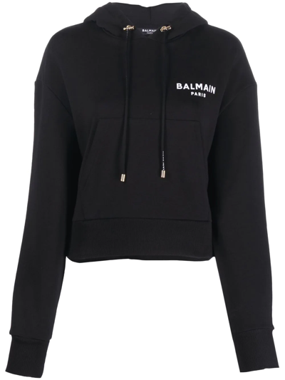 Shop Balmain Logo Print Drawstring Hoodie In Black