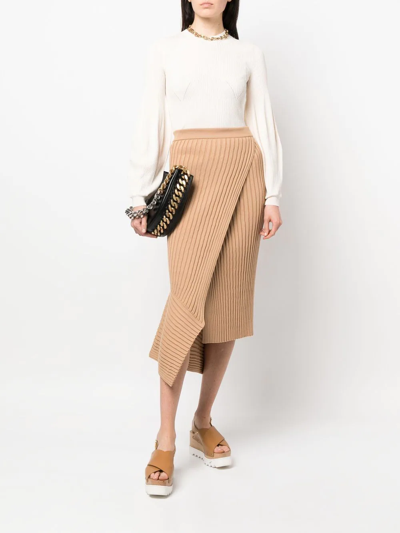 Shop Stella Mccartney Asymmetric Rib-knit Wrap Skirt In Brown