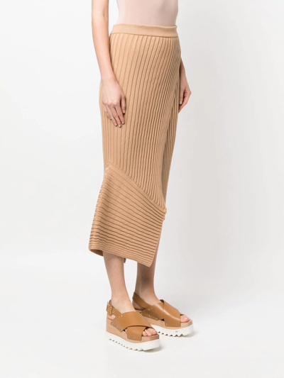 Stella Mccartney Ribbed Asymmetric Hem Cotton Midi Skirt In Brown