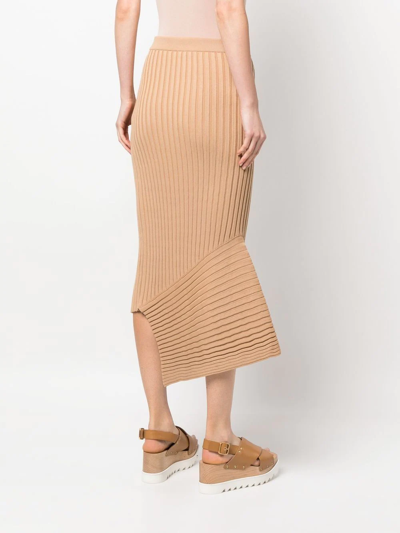 Stella Mccartney Ribbed Asymmetric Hem Cotton Midi Skirt In Brown
