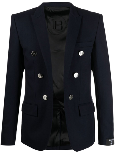 Shop Balmain Double-breasted Tailored Blazer In Blue