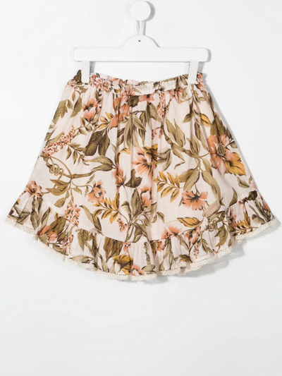 Zimmermann Kids Anneke Ruffled Floral-print Cotton Skirt In Neutrals