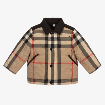 Shop Burberry Boys Beige Check Quilted Jacket