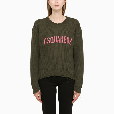 Shop Dsquared2 Green Crew Neck Sweater With Logo Lettering In Multicolor