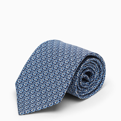 Shop Ferragamo Navy Silk Tie With Gancini Print In Blue