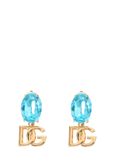 Shop Dolce & Gabbana Pendant Earrings With Rhinestones And Logo In Azure