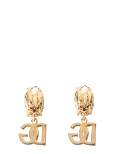 Shop Dolce & Gabbana Pendant Earrings With Rhinestones And Logo In Azure