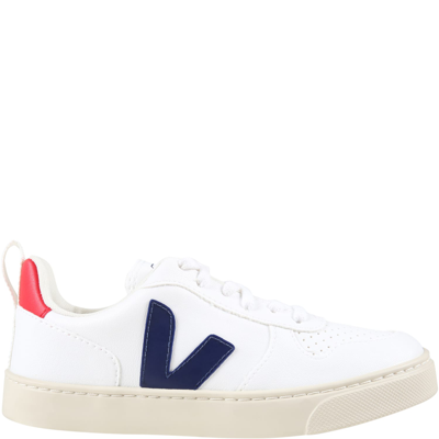 Shop Veja White Sneakers For Kids With Blue Logo