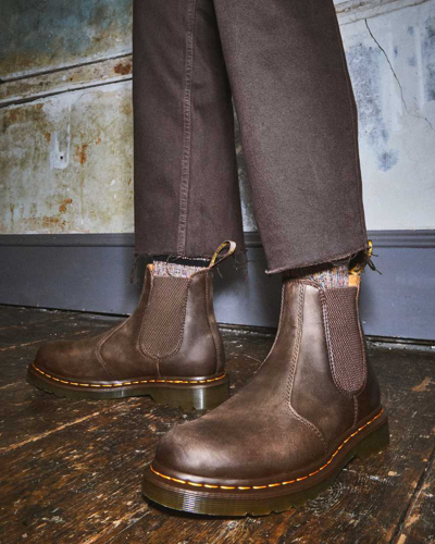 Dr. Martens' 2976 Yellow Stitch Crazy Horse Leather Chelsea Boots In Braun