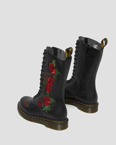 Dr. Martens Vonda Black Leather Ankle Boots With 14 Eyelets And Red Roses.  | ModeSens