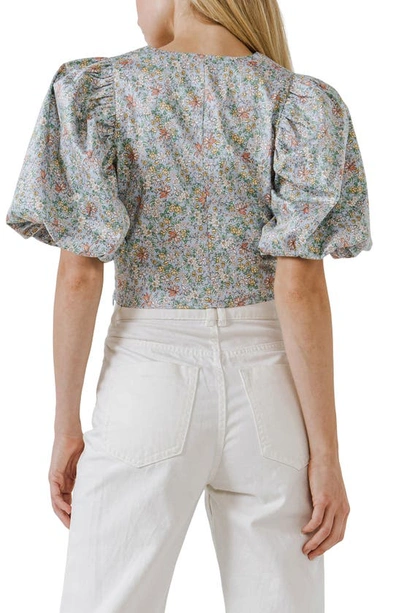 Endless Rose Floral Print Puff Sleeve Crop Top In Blue Multi