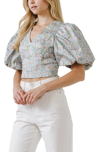 Endless Rose Floral Print Puff Sleeve Crop Top In Blue Multi