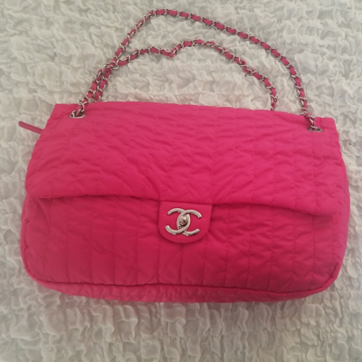 Pre-owned Hot Pink Nylon Quilted Medium Flap Runway Sample Bag W/ Silver  Hardware