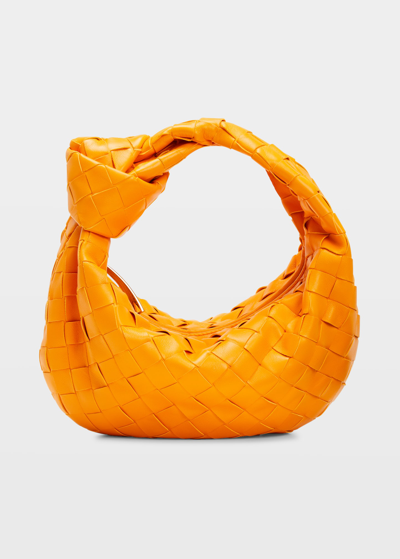 Shop Bottega Veneta Jodie Mini Intrecciato Knot Hobo Bag In Tangerine