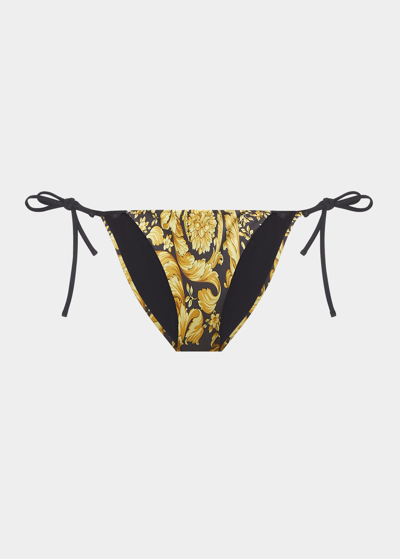 Shop Versace Barocco-print Bikini Bottoms In Gold Print