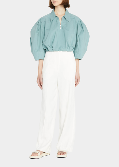 Shop Sea Sia Oversized Puffed Sleeve Front-zip Blouse In Blue