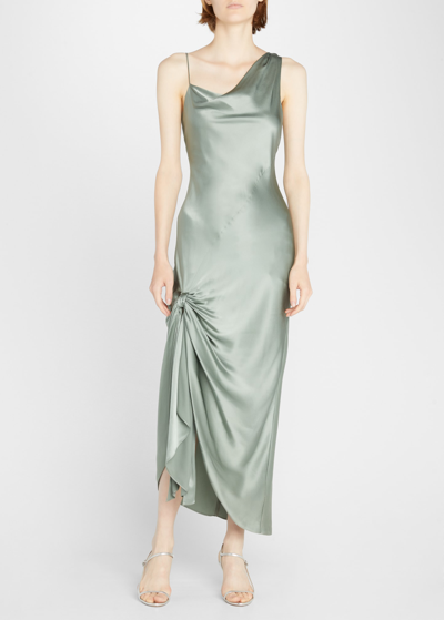 Shop Cinq À Sept Nola Long Draped Cowl-neck Silk Dress In Green Sapphire