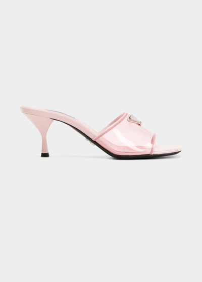 Shop Prada Plexi Patent Kitten-heel Mule Sandals In Alabastro