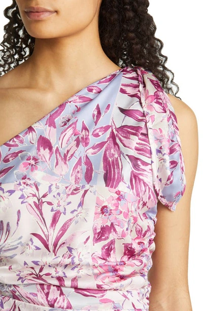 Shop Btfl-life Shirred Floral Print One-shoulder Minidress In Pink Multi