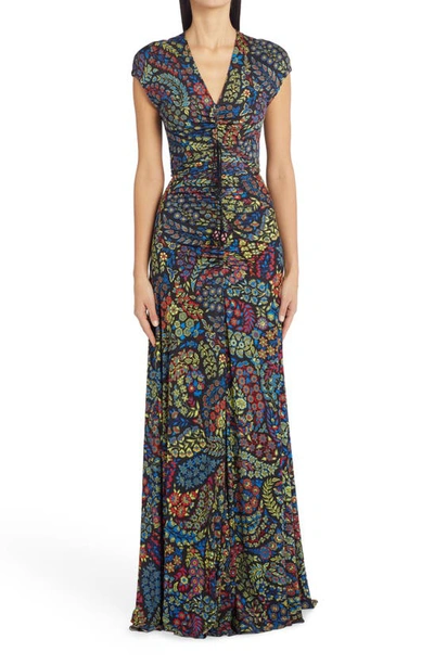 Shop Etro Floral Print Ruched Jersey Maxi Dress In Black 1
