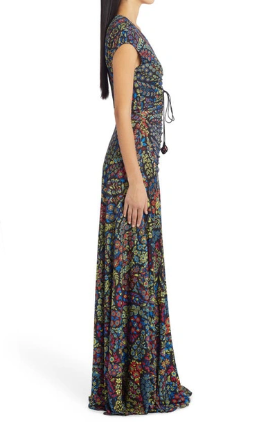 Shop Etro Floral Print Ruched Jersey Maxi Dress In Black 1