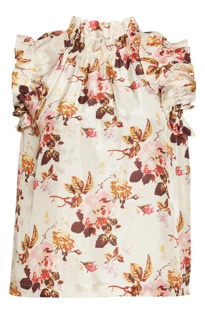 Shop Sea Floral Print Flutter Sleeve Silk Top In Cream