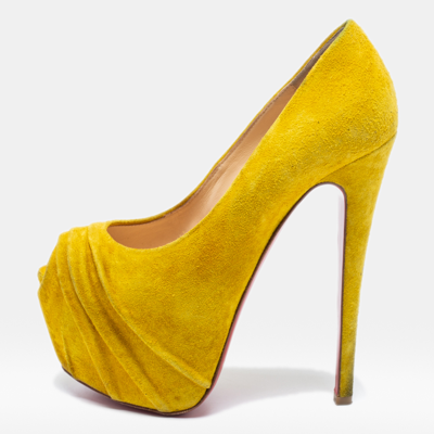 Pre-owned Christian Louboutin Yellow Suede Drapesse Peep-toe Platform Pumps Size 36.5