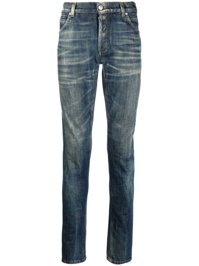 Shop Balmain Whiskering-effect Slim Denim Jeans In Blue