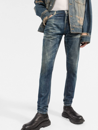 Shop Balmain Whiskering-effect Slim Denim Jeans In Blue